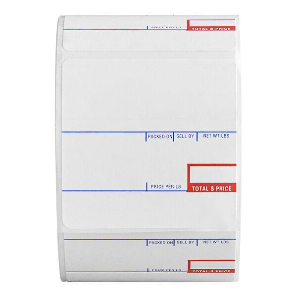 A roll of rectangular white labels with blue and red pre-printed sections for product information and pricing.
