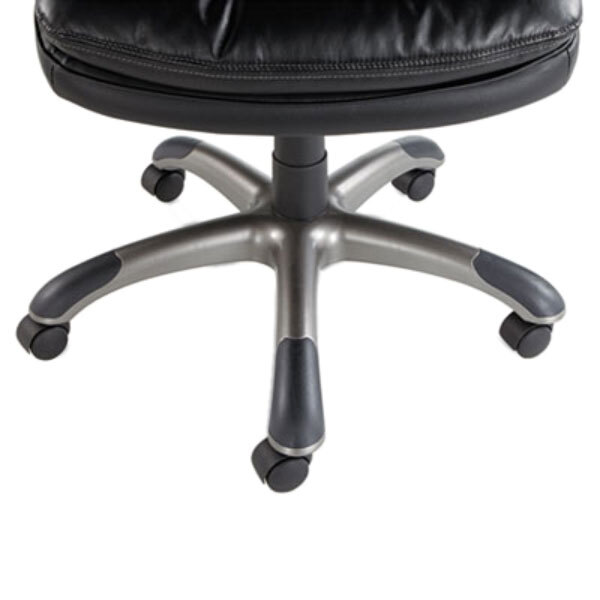 A close-up of a black leather OIF high-back office chair with arms and wheels.