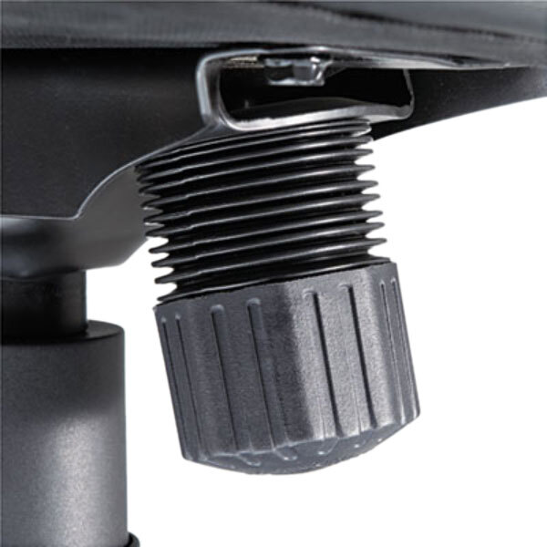 A close-up of a black leather OIF executive chair on a grey surface.