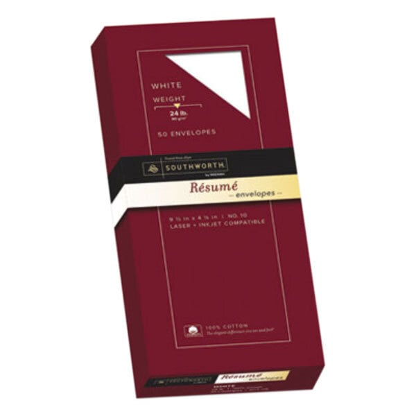 A red box with white text for Southworth R1410L #10 white cotton resume envelopes.