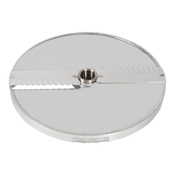 A circular silver metal Sammic FCO-6+ Ripple Cut Disc with a blade.