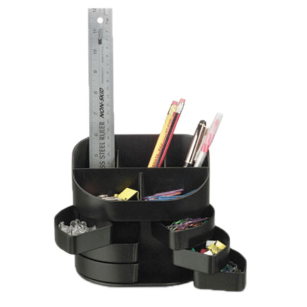 A black Officemate desk organizer with different pens and pencils.