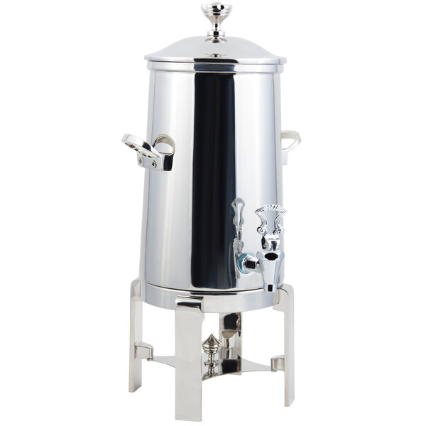A stainless steel Bon Chef coffee chafer urn with chrome trim and a lid.