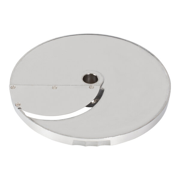 A circular silver Sammic FCC-2+ curved slicing disc with a hole in the middle.