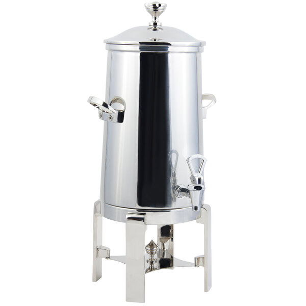 A stainless steel Bon Chef coffee chafer urn with chrome trim and handles.