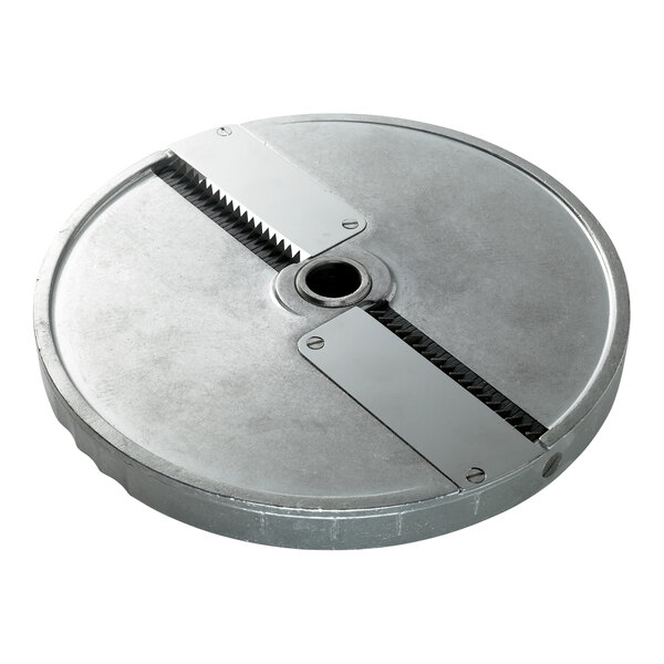 A circular metal Sammic Julienne Disc with two blades and a hole in the center.