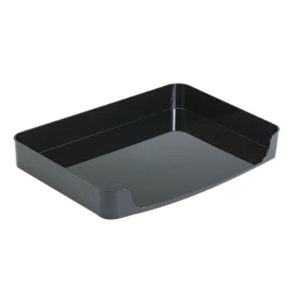 A black Officemate plastic desk tray organizer with one section.