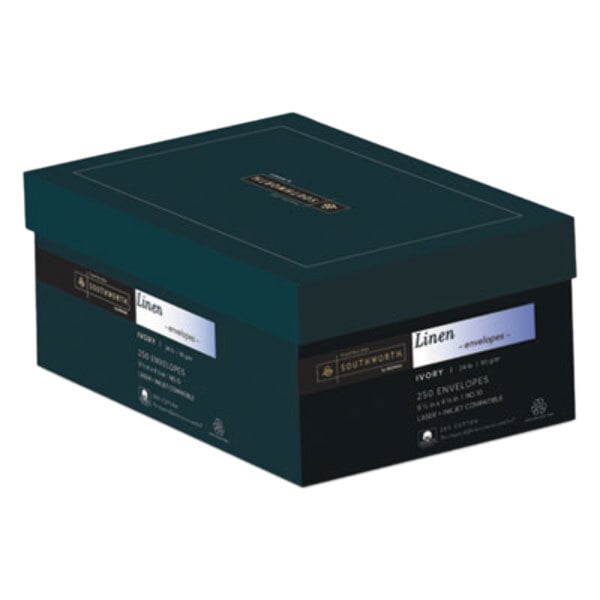 A box of Southworth ivory business envelopes with a blue and white label.