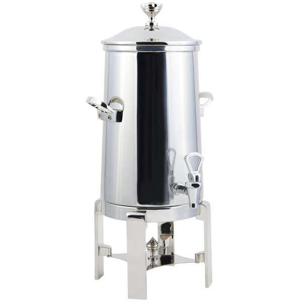 A stainless steel Bon Chef coffee chafer urn with chrome trim and handles.