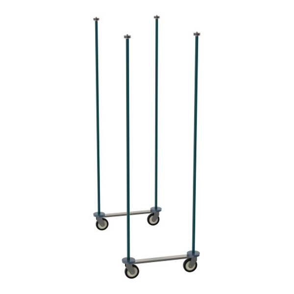 A mobile shelving unit frame with four vertical poles and wheels, designed for use with Metro Super Erecta Top-Track shelving systems.