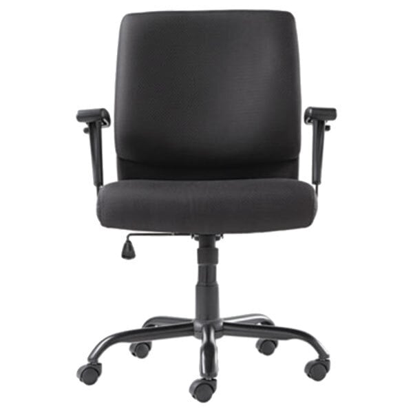 A close-up of a black OIF office chair with arms.