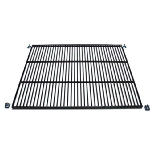 A black coated wire shelf for a merchandiser refrigerator with screws.