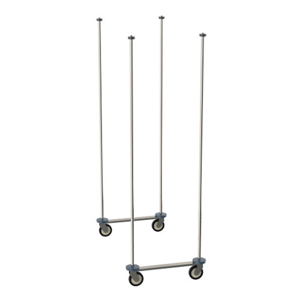 A stainless steel mobile shelving unit frame with four vertical poles and caster wheels, designed for use with Metro Super Erecta Top-Track systems.