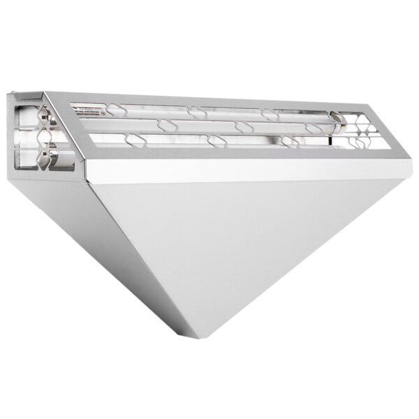 A white triangular wall sconce with a metal frame and holes.