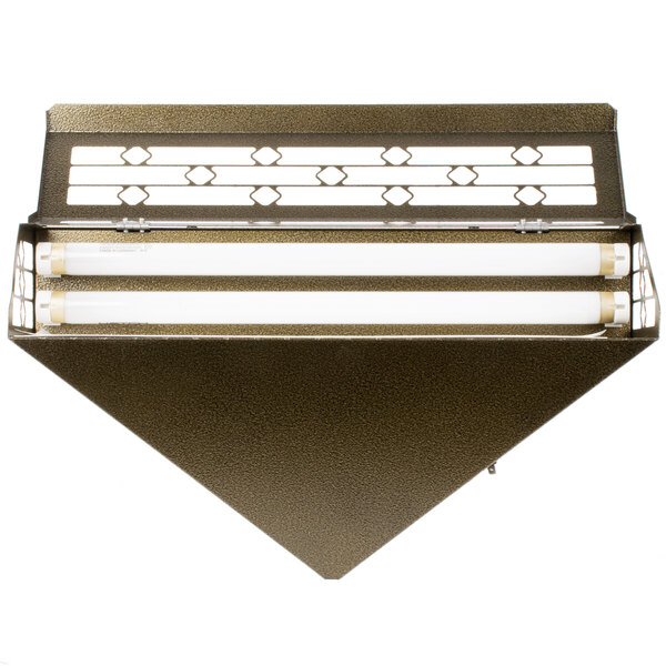 A Curtron metal wall sconce with a metal grid for insect trapping.
