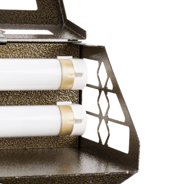 A metal Curtron insect trap sconce with two light bulbs inside.