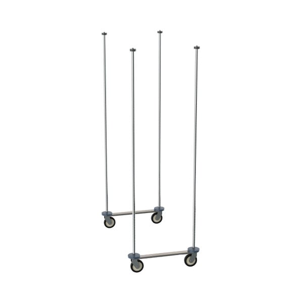 A pair of chrome-plated mobile shelving unit frames with four vertical poles and caster wheels, designed for use with Metro Super Erecta Top-Track shelving systems.