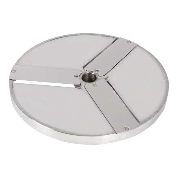 A circular stainless steel plate with four 3/4" holes.