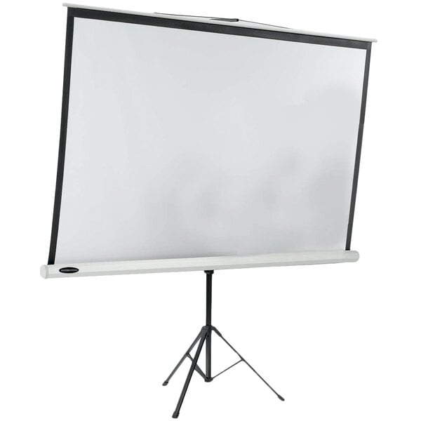 An Aarco matte white tripod floor standing projection screen.