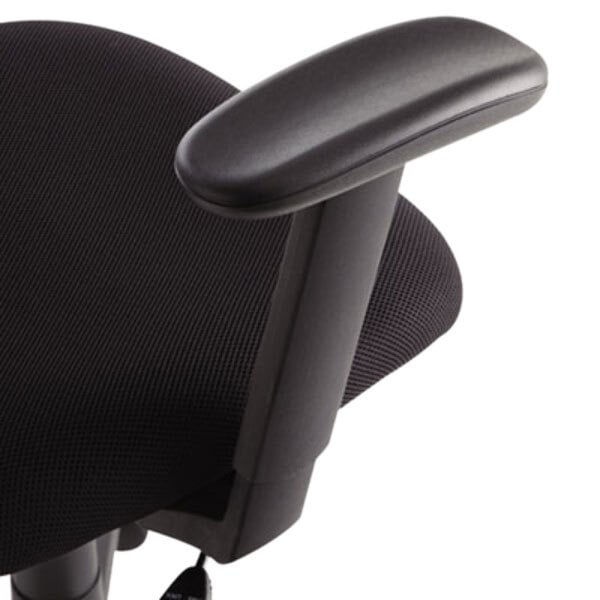 A close-up of a black OIF office chair with armrests.