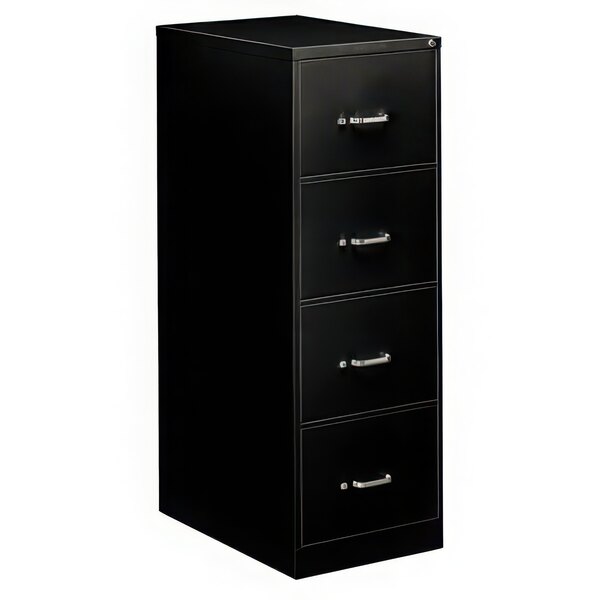 A black Alera vertical file cabinet with four drawers and silver handles.