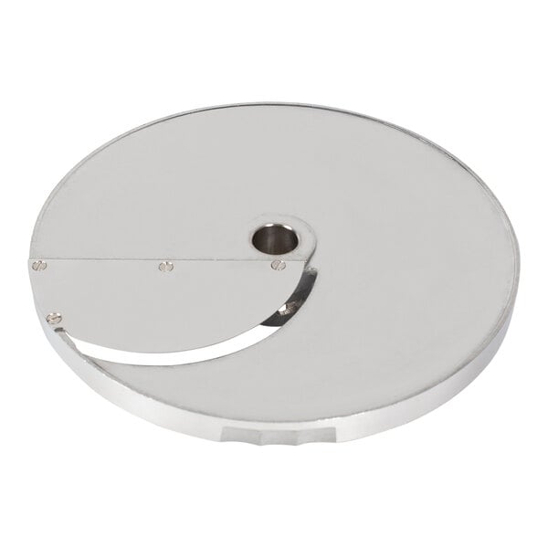 A circular silver Sammic FCC-5+ curved slicing disc with a hole in the middle.