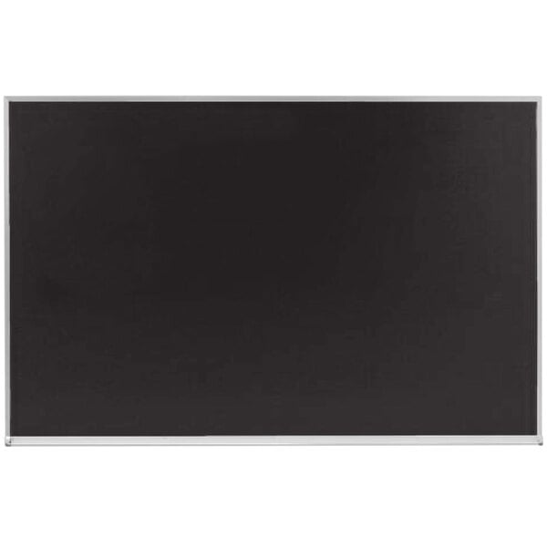 A black rectangular chalkboard with a white aluminum frame.