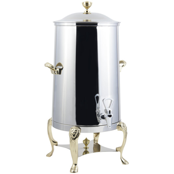 A Bon Chef stainless steel coffee chafer urn with brass trim.