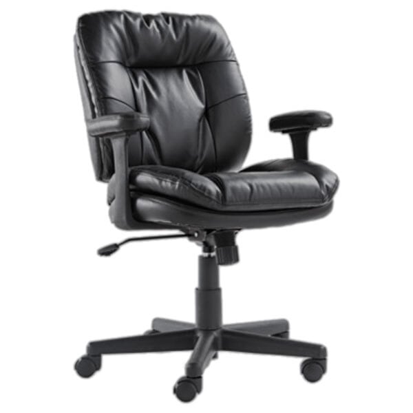 A black OIF leather office chair with armrests and wheels.