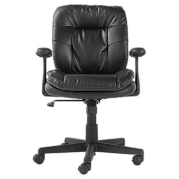 A black OIF leather office chair with wheels and arms.