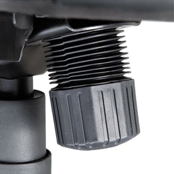 A close-up of a black leather executive swivel chair with arms.