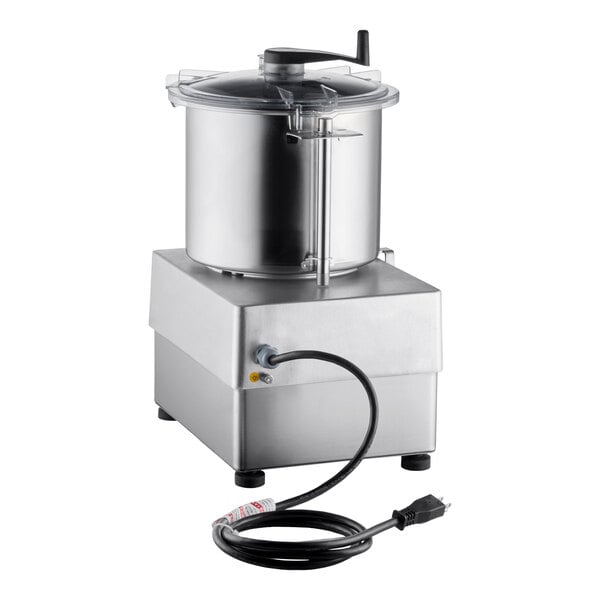 A stainless steel batch bowl food processor with a clear lid and attached power cord.