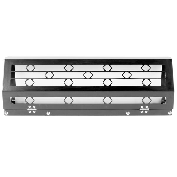 A black metal Curtron Insect Trap with white and black designs on the grill.