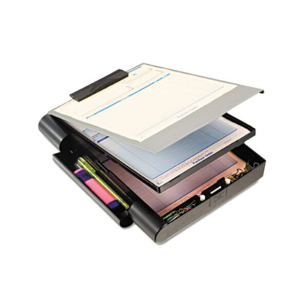 A black clipboard holding paper and a pen.