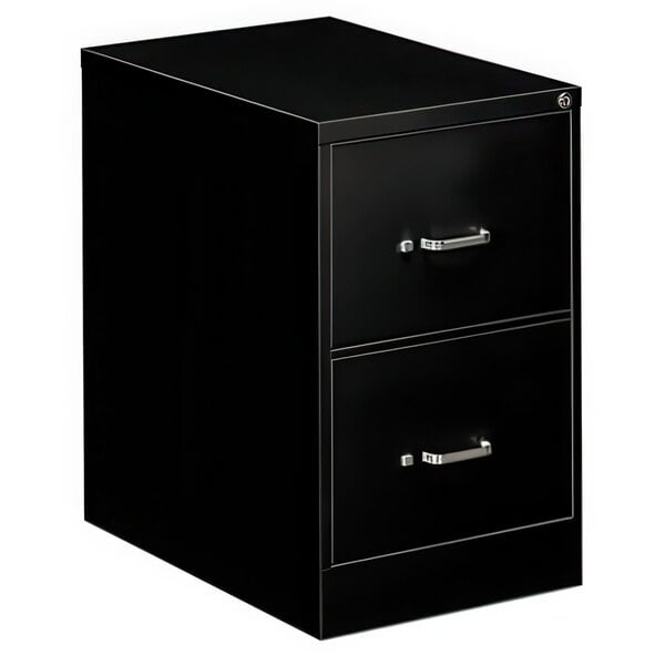 A black Alera two-drawer vertical legal file cabinet.