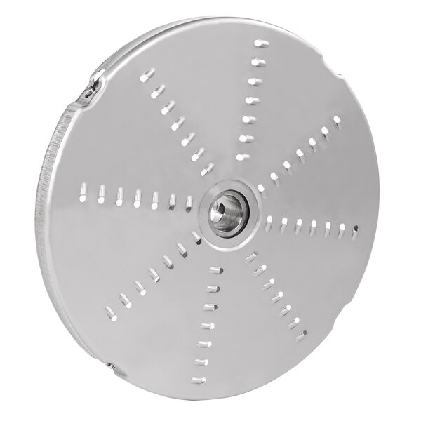 A Sammic SH-3 grating / shredding disc, a circular metal object with holes.