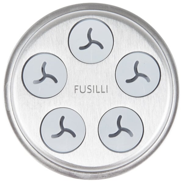 A KitchenAid pasta press attachment with circular fusilli shapes.