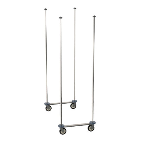 A stainless steel mobile shelving unit frame with four vertical posts and caster wheels, designed for use with Metro Super Erecta Top-Track shelving systems.