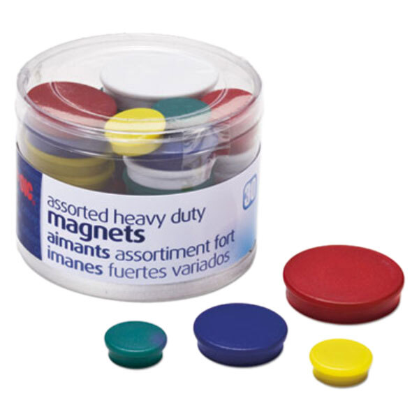 A plastic container of Officemate heavy-duty circle magnets in assorted colors.