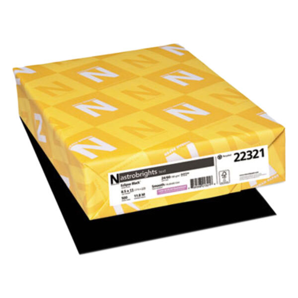 A yellow box of Astrobrights Eclipse Black Color Paper with white and yellow labels.