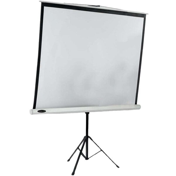 An Aarco matte white tripod floor standing projection screen.