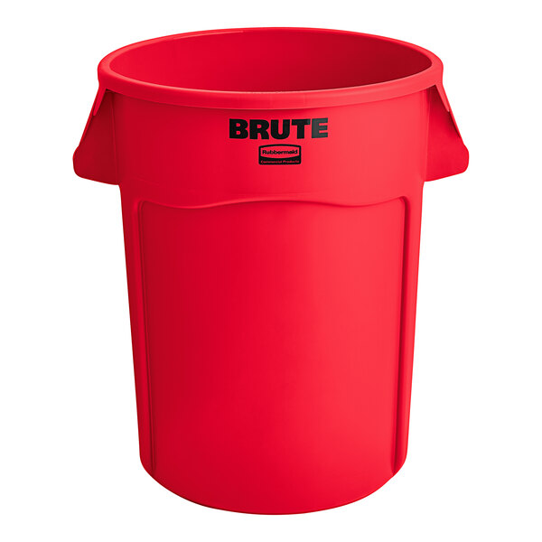 A red plastic trash can with "BRUTE" in black text.