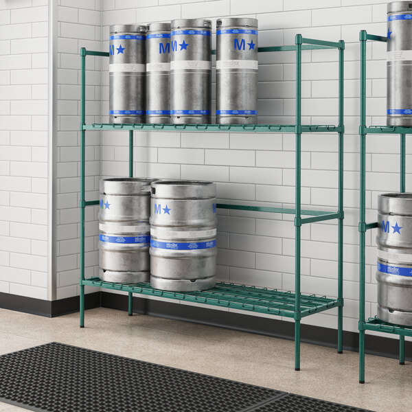 A Regency green metal keg rack holding six beer kegs.