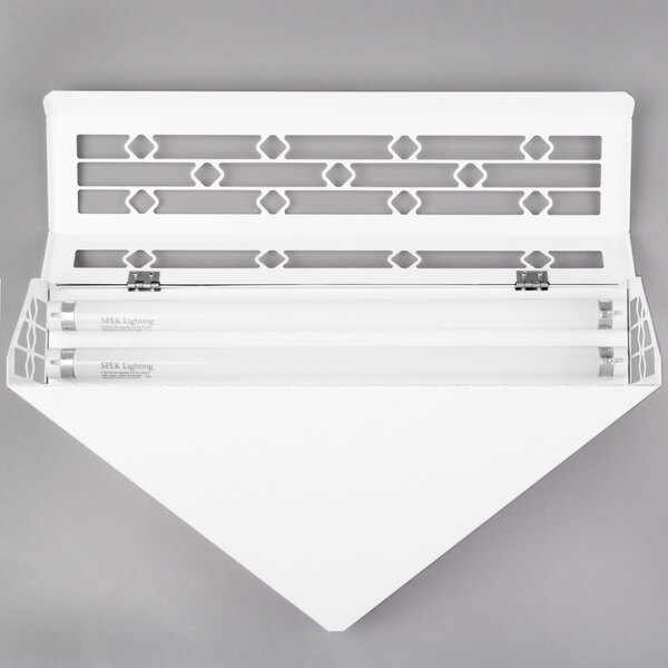A white triangular light fixture with a white Curtron Insect Trap Glue Board inside.