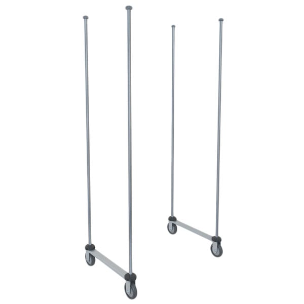 Two chrome-plated metal poles with wheels on them.