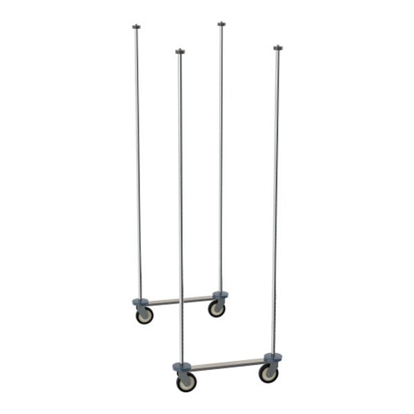 A pair of chrome-plated mobile shelving unit frames with four vertical poles and caster wheels, designed for use with Metro Super Erecta Top-Track shelving systems.