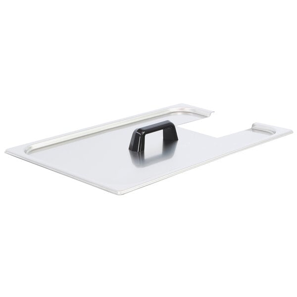 A metal tray with a black handle.