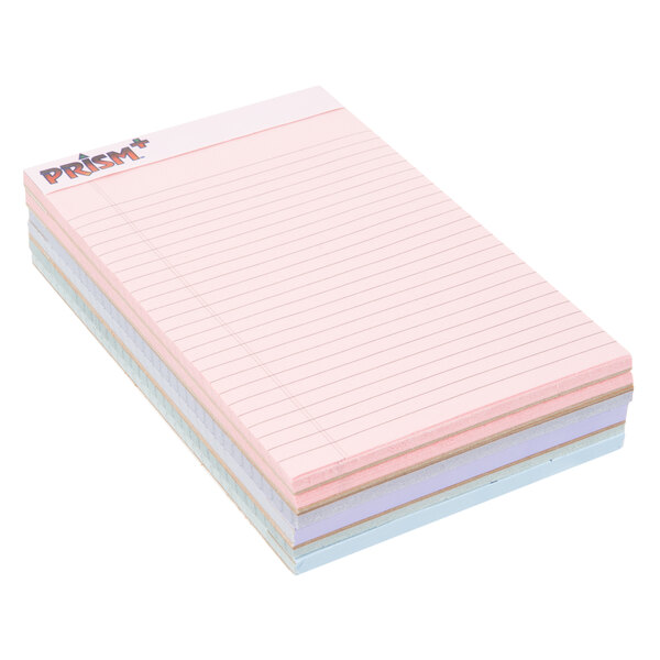 A stack of TOPS Prism+ narrow ruled legal pads with pink, blue, and yellow paper.