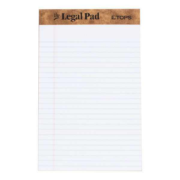 A white narrow-ruled legal pad with blue horizontal lines, a red vertical margin, and a brown header labeled 'the Legal Pad' and 'TOPS' at the top.
