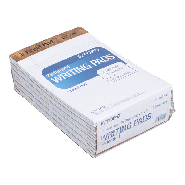 A stack of white perforated writing pads with brown headers, packaged together in a clear wrap.